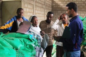 In Zewai Dugda, storekeeper Embete Habesha discusses her store records with Tadele Asfaw, CIMMYT-Ethiopia program management officer and member of the Seed Procurement Committee for the emergency seed project funded by USAID. Photo: E.Quilligan/CIMMYT 